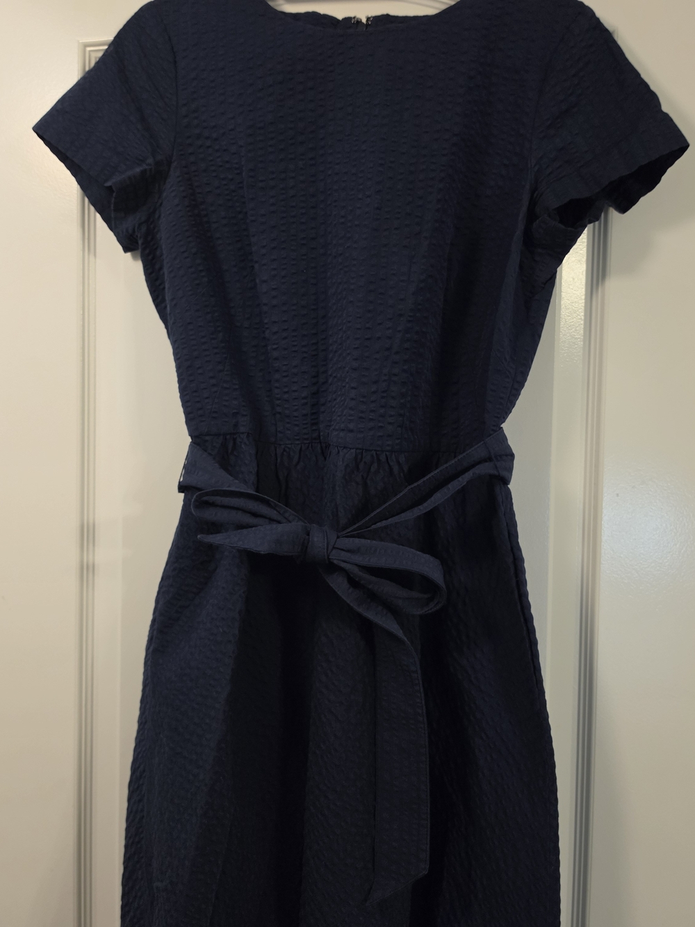 Brooks Brothers Navy Textured Short-Sleeve Belted Dress